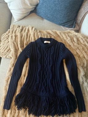 Tory Burch Navy Cable Knit Fringe Hem Sweater